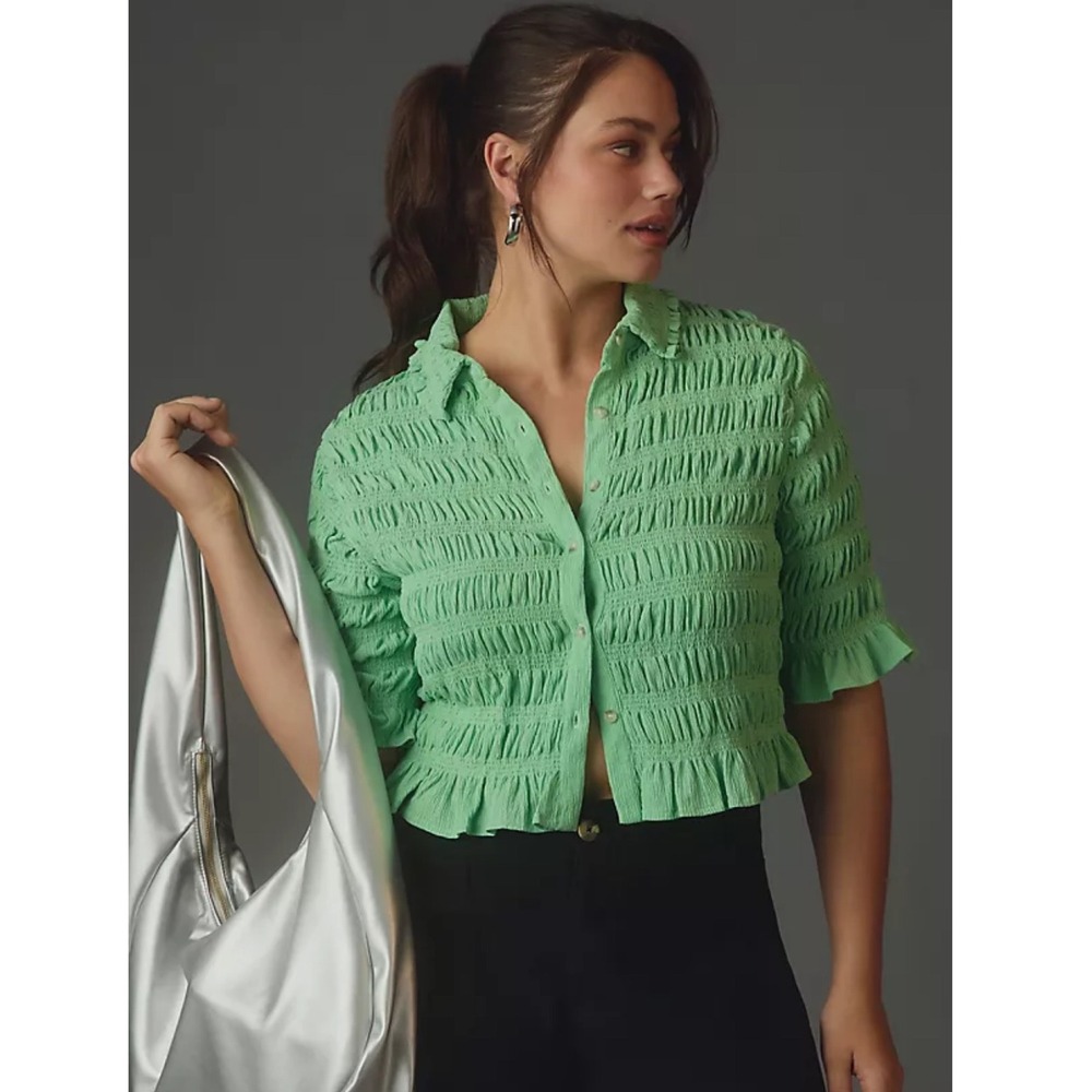 Anthropologie Maeve Womens Smocked Top S Green Button Up Garden Party Soft Girl